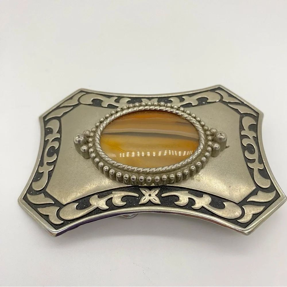 Western Silver Tone Belt Buckle Faux Banded Amber Agate & Black Scrollwork